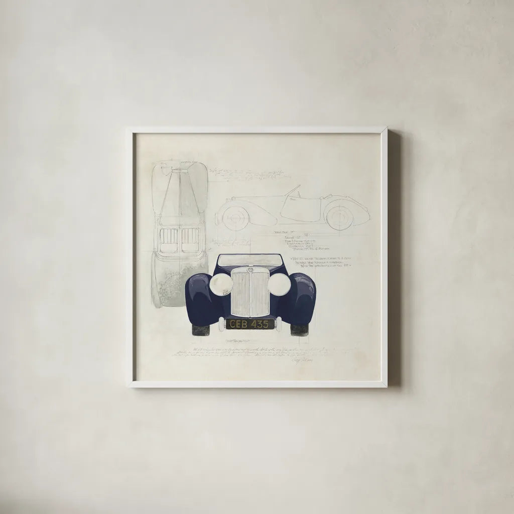 Roadster II Blue Car by Avery Tillmon. Shown in a crisp white glass frame for a clean and minimalist style. Available as an archival giclee rolled canvas, fine art paper, or poster print. SKU 53126a.