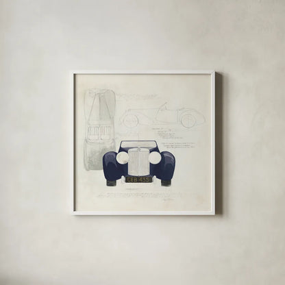 Roadster II Blue Car by Avery Tillmon. Shown in a crisp white glass frame for a clean and minimalist style. Available as an archival giclee rolled canvas, fine art paper, or poster print. SKU 53126a.