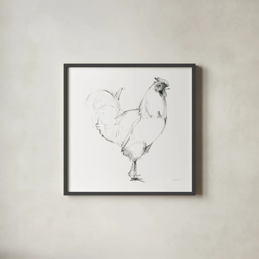 Rooster II Dark Square by Avery Tillmon. Shown in a sleek black glass frame for a contemporary gallery look. Available as an archival giclee rolled canvas, fine art paper, or poster print. SKU 36140a.