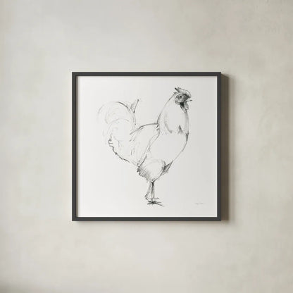 Rooster II Dark Square by Avery Tillmon. Shown in a sleek black glass frame for a contemporary gallery look. Available as an archival giclee rolled canvas, fine art paper, or poster print. SKU 36140a.