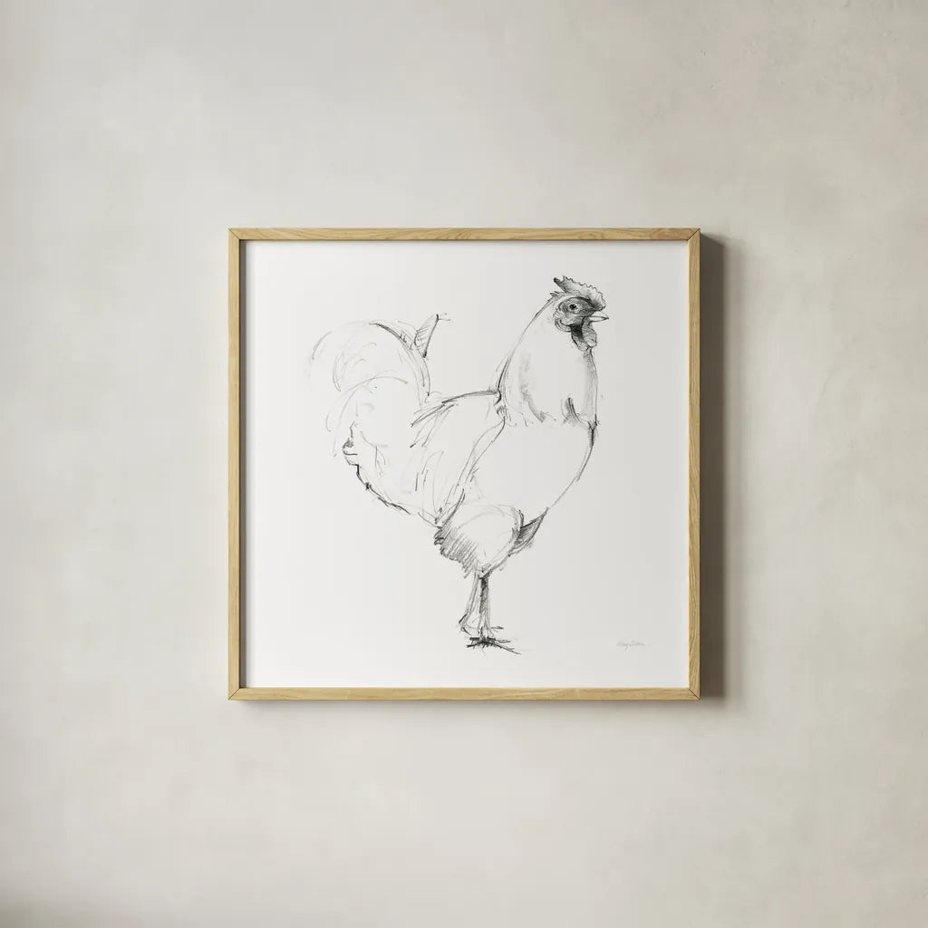 Rooster II Dark Square by Avery Tillmon. Shown in a natural wood glass frame for a timeless modern aesthetic. Available as an archival giclee rolled canvas, fine art paper, or poster print. SKU 36140a.