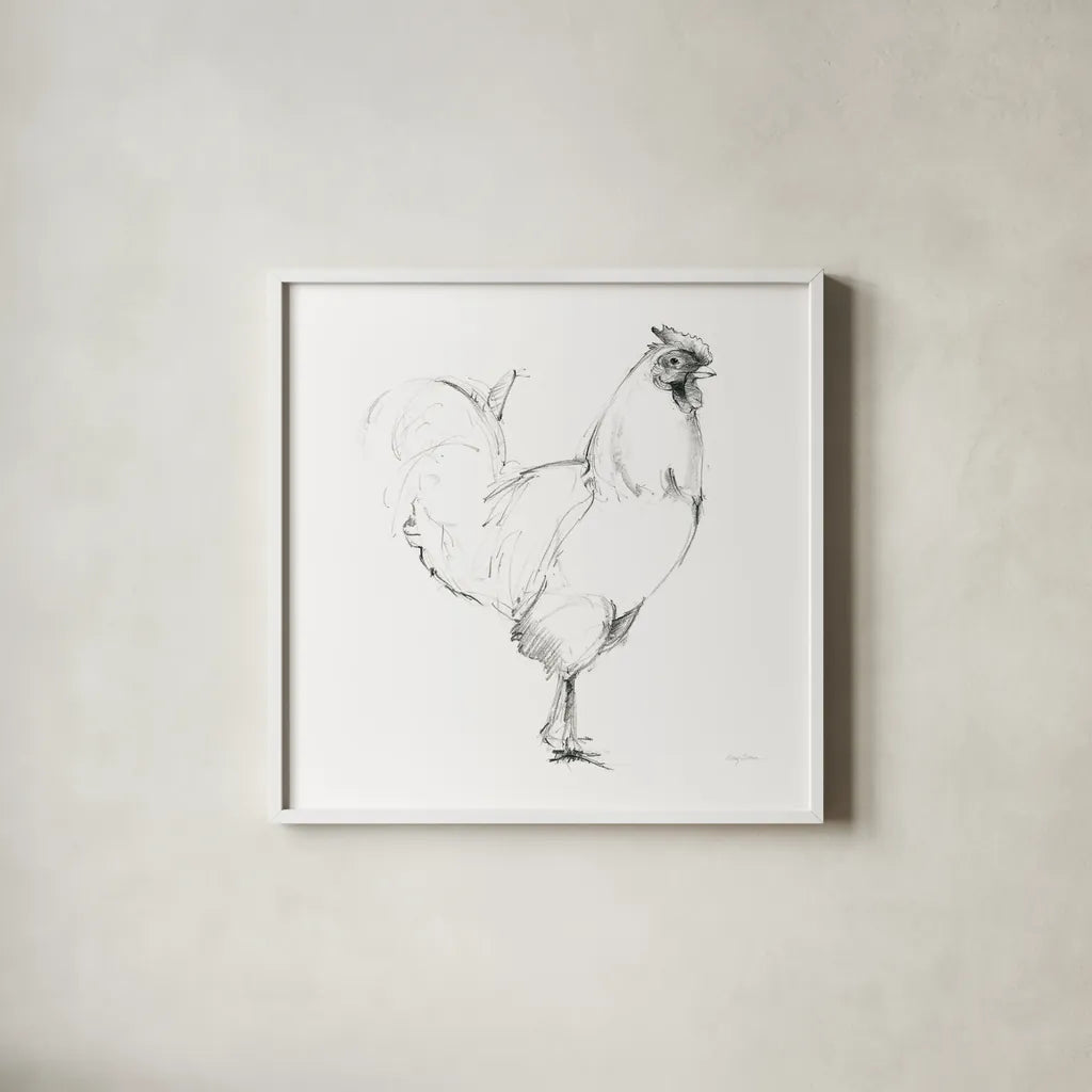 Rooster II Dark Square by Avery Tillmon. Shown in a crisp white glass frame for a clean and minimalist style. Available as an archival giclee rolled canvas, fine art paper, or poster print. SKU 36140a.