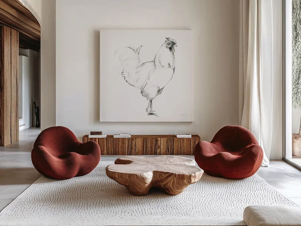 Rooster II Dark Square by Avery Tillmon. Shown as extra-large giant wall art in a modern living room. Available as an archival giclee rolled canvas, fine art paper, or poster print. SKU 36140a.