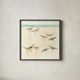 Sandpipers by Avery Tillmon. Shown in a sleek black glass frame for a contemporary gallery look. Available as an archival giclee rolled canvas, fine art paper, or poster print. SKU 11219a.