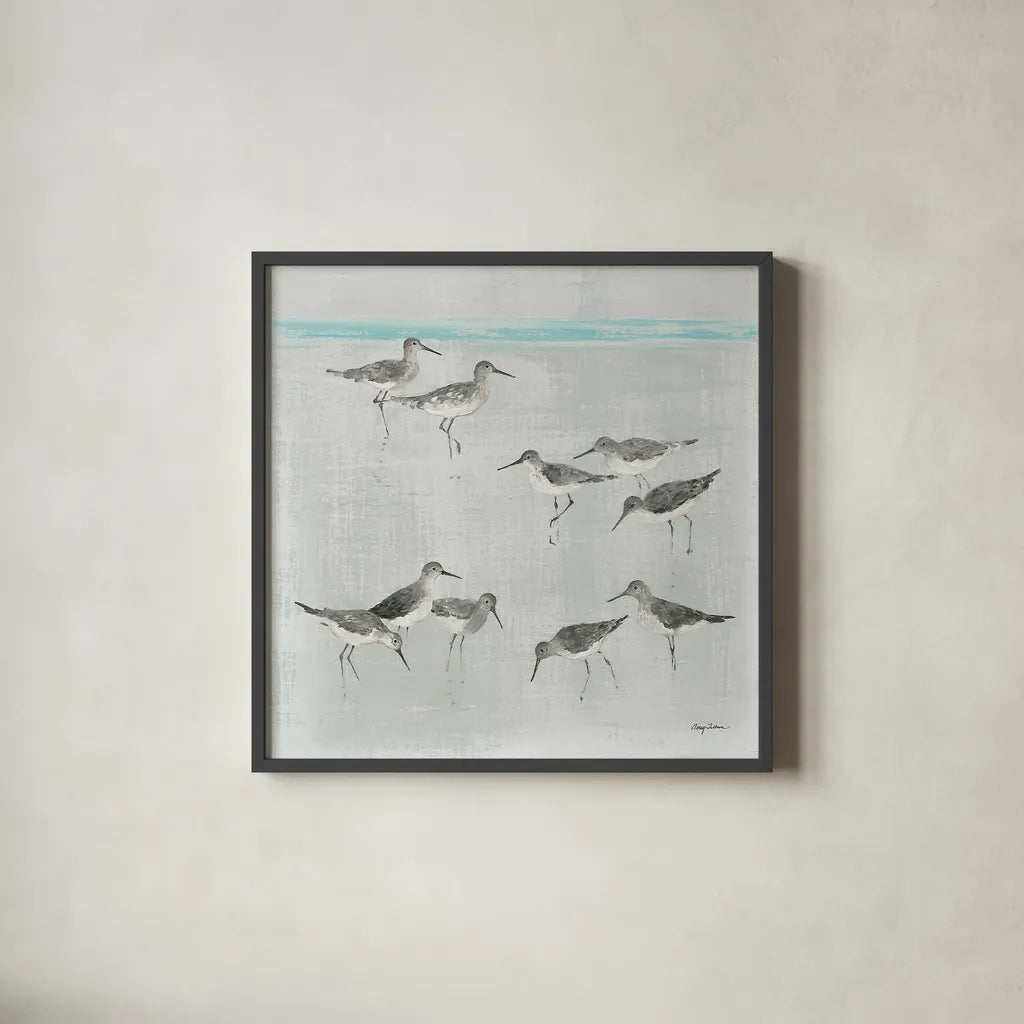 Sandpipers Gray by Avery Tillmon. Shown in a sleek black glass frame for a contemporary gallery look. Available as an archival giclee rolled canvas, fine art paper, or poster print. SKU 22653a.