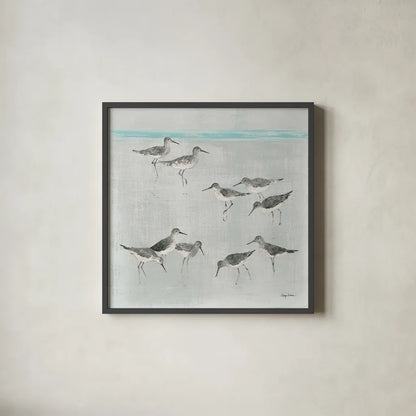 Sandpipers Gray by Avery Tillmon. Shown in a sleek black glass frame for a contemporary gallery look. Available as an archival giclee rolled canvas, fine art paper, or poster print. SKU 22653a.