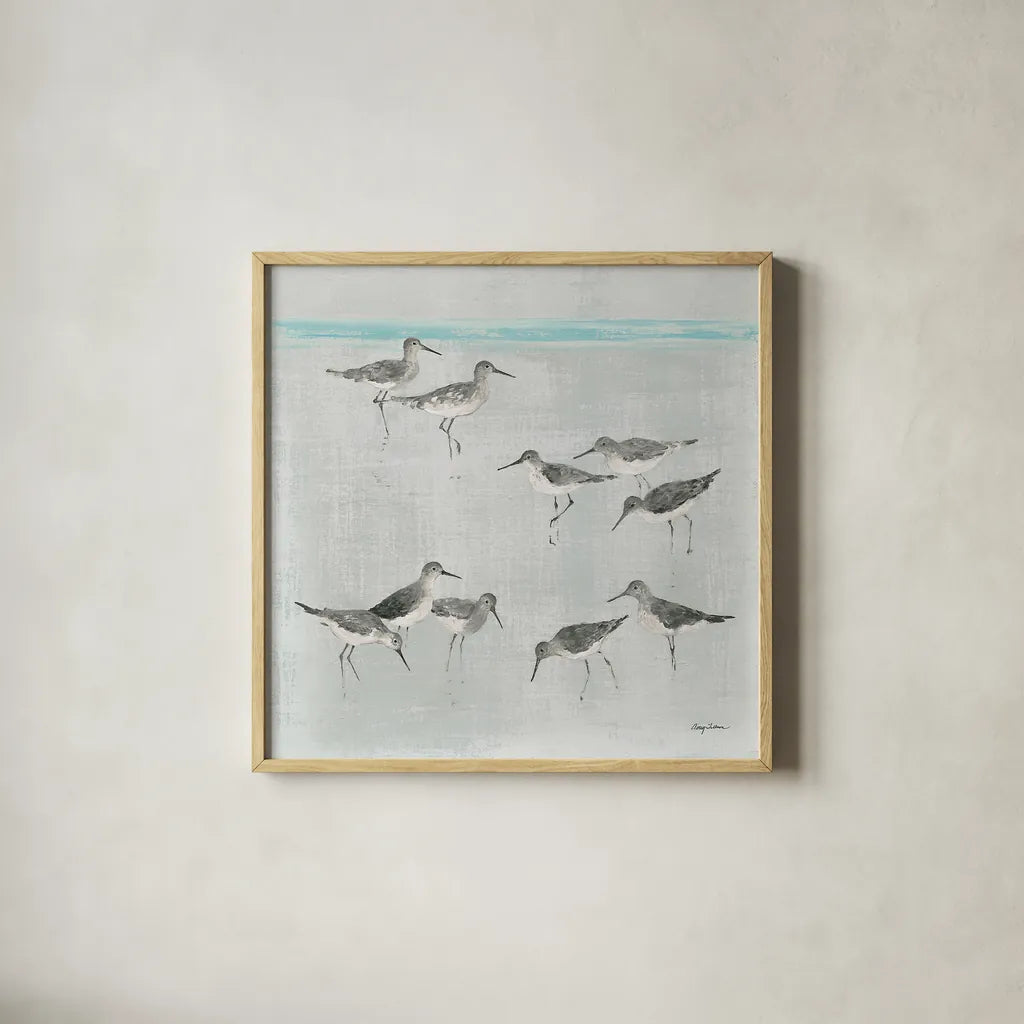 Sandpipers Gray by Avery Tillmon. Shown in a natural wood glass frame for a timeless modern aesthetic. Available as an archival giclee rolled canvas, fine art paper, or poster print. SKU 22653a.