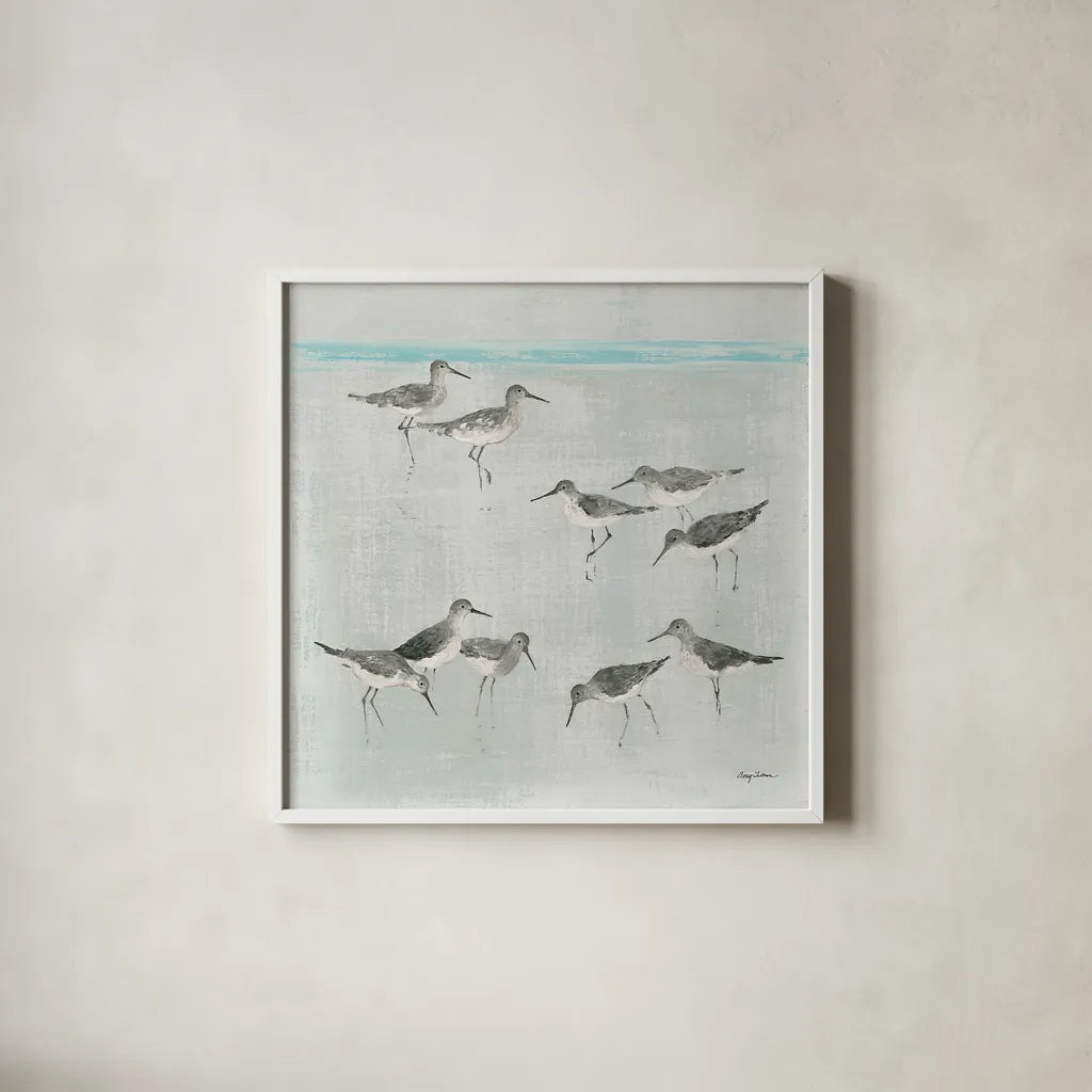 Sandpipers Gray by Avery Tillmon. Shown in a crisp white glass frame for a clean and minimalist style. Available as an archival giclee rolled canvas, fine art paper, or poster print. SKU 22653a.