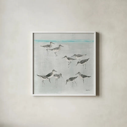 Sandpipers Gray by Avery Tillmon. Shown in a crisp white glass frame for a clean and minimalist style. Available as an archival giclee rolled canvas, fine art paper, or poster print. SKU 22653a.