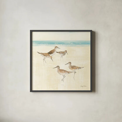 Sandpipers Square I by Avery Tillmon. Shown in a sleek black glass frame for a contemporary gallery look. Available as an archival giclee rolled canvas, fine art paper, or poster print. SKU 11832a.