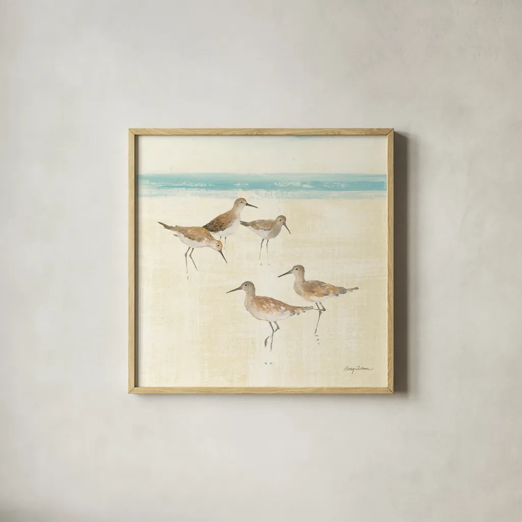 Sandpipers Square I by Avery Tillmon. Shown in a natural wood glass frame for a timeless modern aesthetic. Available as an archival giclee rolled canvas, fine art paper, or poster print. SKU 11832a.