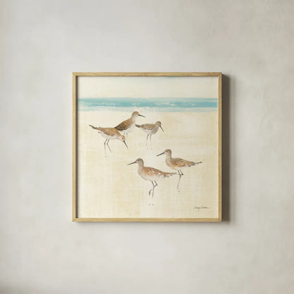 Sandpipers Square I by Avery Tillmon. Shown in a natural wood glass frame for a timeless modern aesthetic. Available as an archival giclee rolled canvas, fine art paper, or poster print. SKU 11832a.