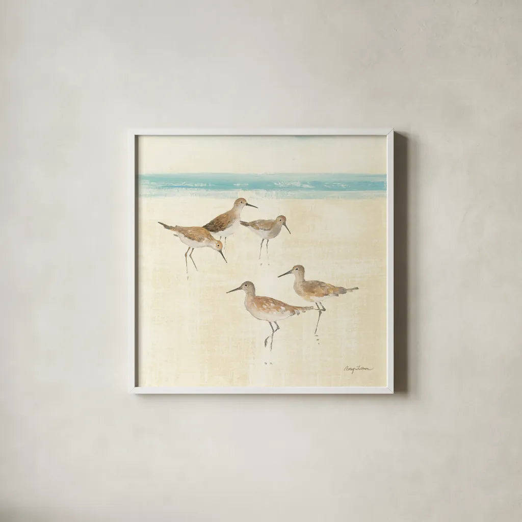 Sandpipers Square I by Avery Tillmon. Shown in a crisp white glass frame for a clean and minimalist style. Available as an archival giclee rolled canvas, fine art paper, or poster print. SKU 11832a.