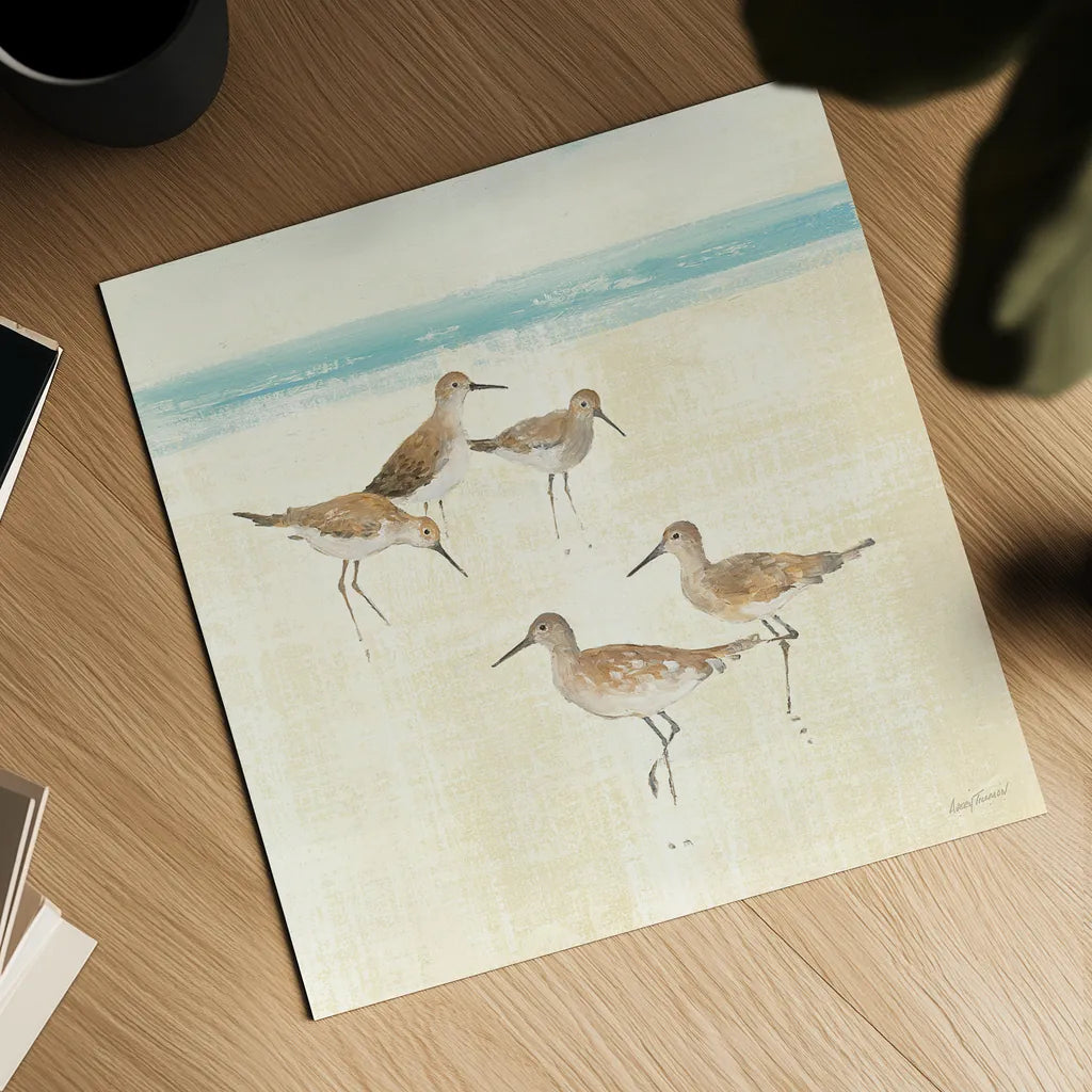 Sandpipers Square I by Avery Tillmon. Shown as a detailed flat fine art print, highlighting archival giclee quality. Available as an archival giclee rolled canvas, fine art paper, or poster print. SKU 15106a.