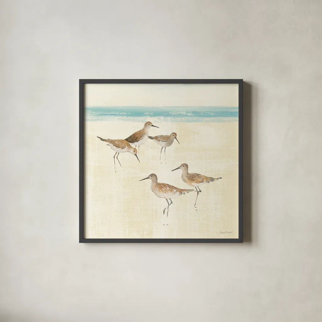 Sandpipers Square I by Avery Tillmon. Shown in a sleek black glass frame for a contemporary gallery look. Available as an archival giclee rolled canvas, fine art paper, or poster print. SKU 15106a.