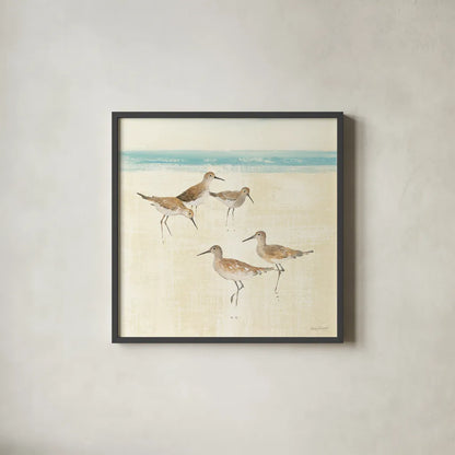 Sandpipers Square I by Avery Tillmon. Shown in a sleek black glass frame for a contemporary gallery look. Available as an archival giclee rolled canvas, fine art paper, or poster print. SKU 15106a.