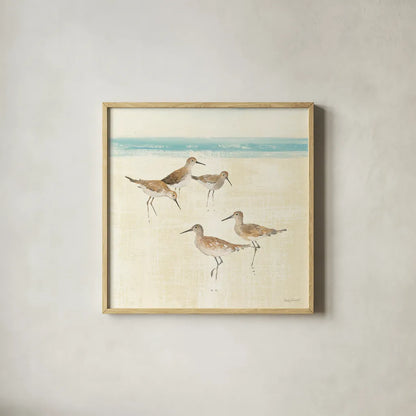 Sandpipers Square I by Avery Tillmon. Shown in a natural wood glass frame for a timeless modern aesthetic. Available as an archival giclee rolled canvas, fine art paper, or poster print. SKU 15106a.