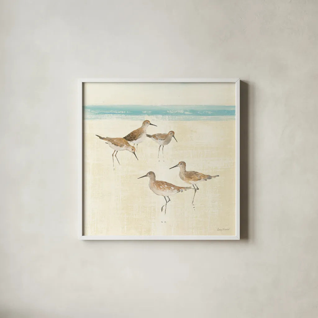 Sandpipers Square I by Avery Tillmon. Shown in a crisp white glass frame for a clean and minimalist style. Available as an archival giclee rolled canvas, fine art paper, or poster print. SKU 15106a.