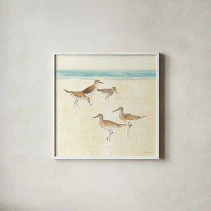 Sandpipers Square I by Avery Tillmon. Shown in a crisp white glass frame for a clean and minimalist style. Available as an archival giclee rolled canvas, fine art paper, or poster print. SKU 15106a.
