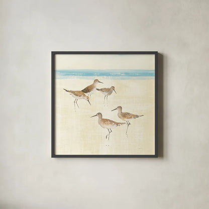 Sandpipers Square I Blue by Avery Tillmon. Shown in a sleek black glass frame for a contemporary gallery look. Available as an archival giclee rolled canvas, fine art paper, or poster print. SKU 34371a.