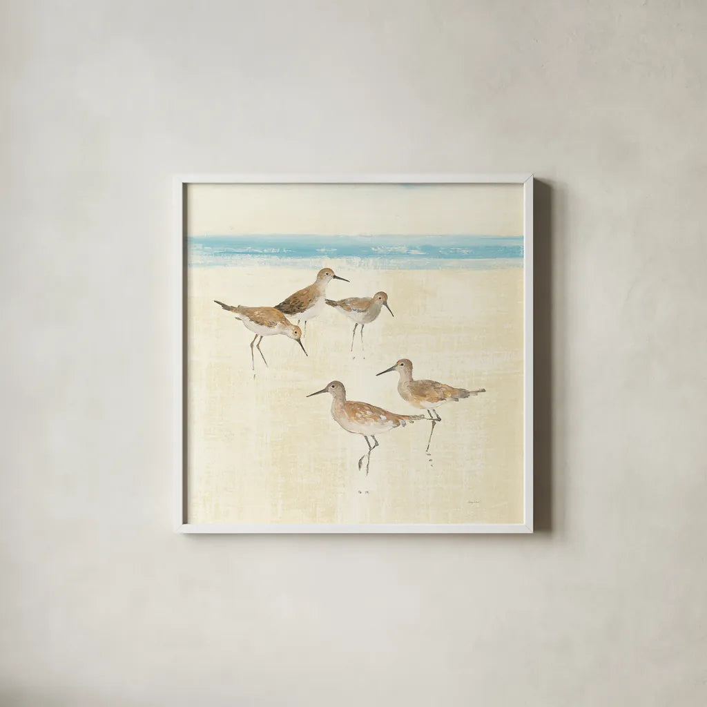 Sandpipers Square I Blue by Avery Tillmon. Shown in a crisp white glass frame for a clean and minimalist style. Available as an archival giclee rolled canvas, fine art paper, or poster print. SKU 34371a.