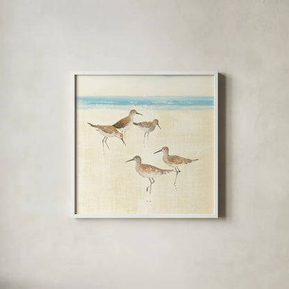 Sandpipers Square I Blue by Avery Tillmon. Shown in a crisp white glass frame for a clean and minimalist style. Available as an archival giclee rolled canvas, fine art paper, or poster print. SKU 34371a.