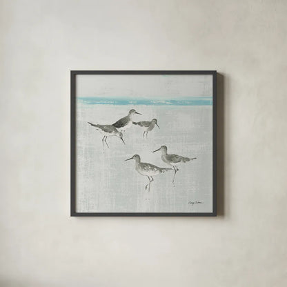 Sandpipers Square I Gray by Avery Tillmon. Shown in a sleek black glass frame for a contemporary gallery look. Available as an archival giclee rolled canvas, fine art paper, or poster print. SKU 22654a.