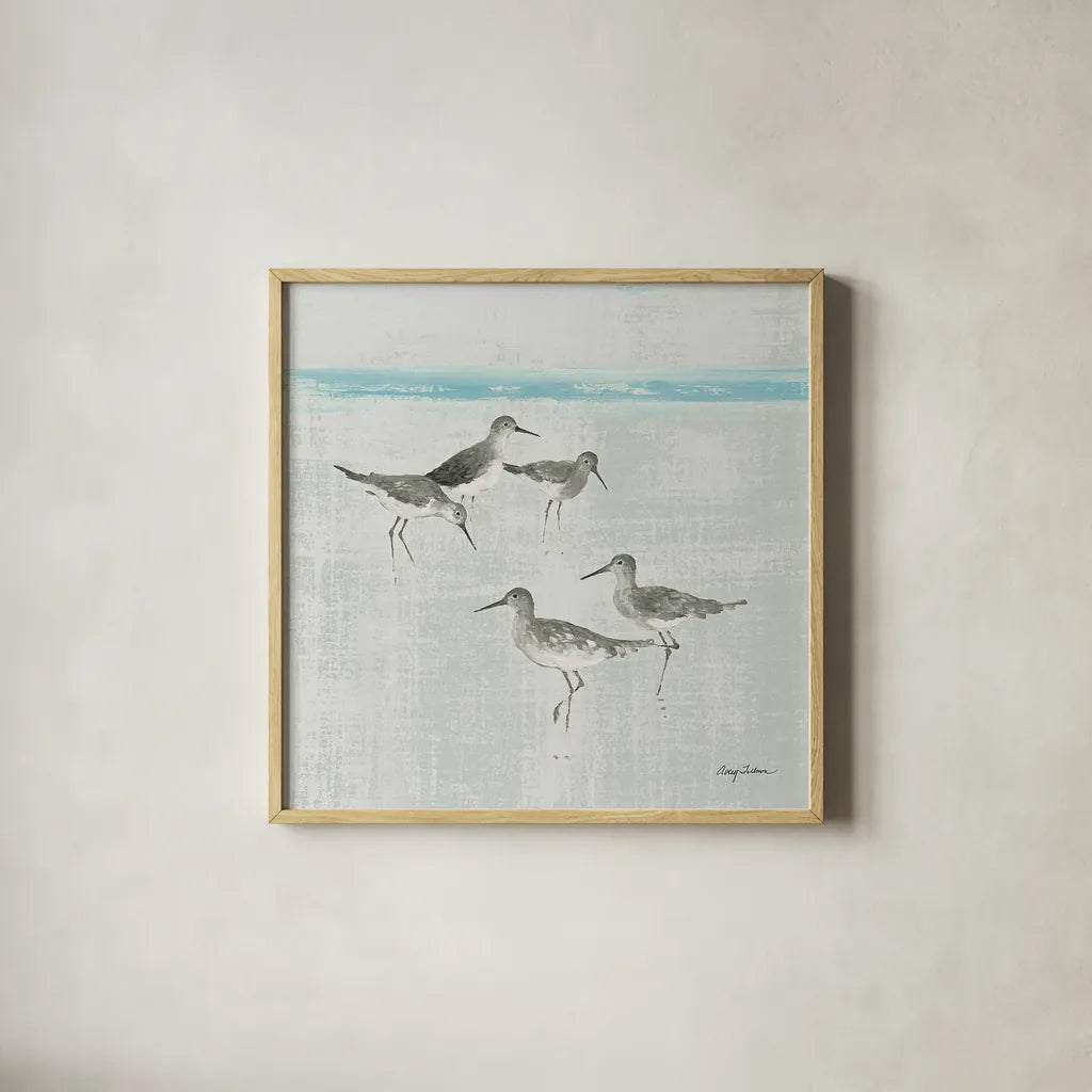 Sandpipers Square I Gray by Avery Tillmon. Shown in a natural wood glass frame for a timeless modern aesthetic. Available as an archival giclee rolled canvas, fine art paper, or poster print. SKU 22654a.