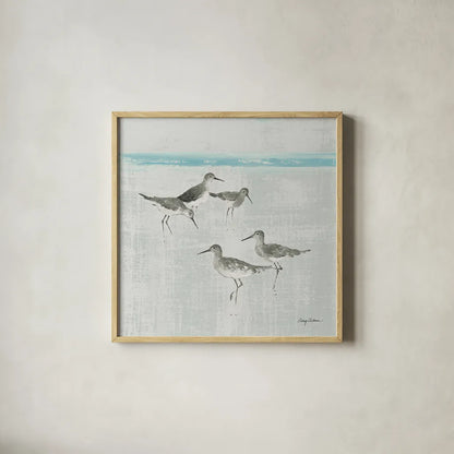 Sandpipers Square I Gray by Avery Tillmon. Shown in a natural wood glass frame for a timeless modern aesthetic. Available as an archival giclee rolled canvas, fine art paper, or poster print. SKU 22654a.