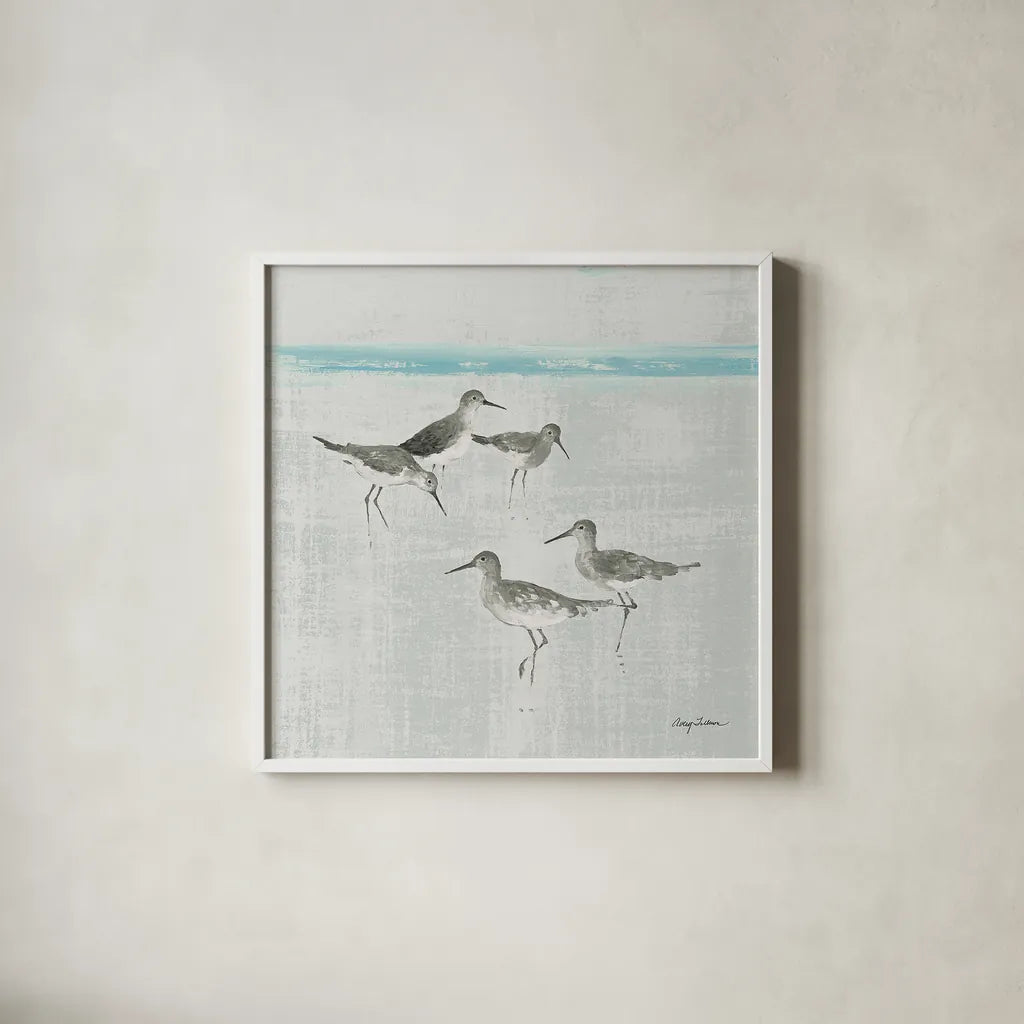 Sandpipers Square I Gray by Avery Tillmon. Shown in a crisp white glass frame for a clean and minimalist style. Available as an archival giclee rolled canvas, fine art paper, or poster print. SKU 22654a.