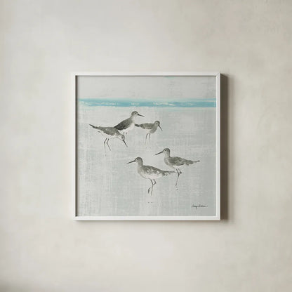 Sandpipers Square I Gray by Avery Tillmon. Shown in a crisp white glass frame for a clean and minimalist style. Available as an archival giclee rolled canvas, fine art paper, or poster print. SKU 22654a.