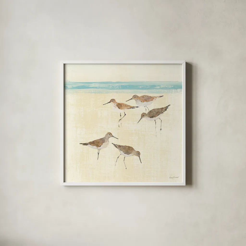 Sandpipers Square II by Avery Tillmon. Shown in a crisp white glass frame for a clean and minimalist style. Available as an archival giclee rolled canvas, fine art paper, or poster print. SKU 15107a.