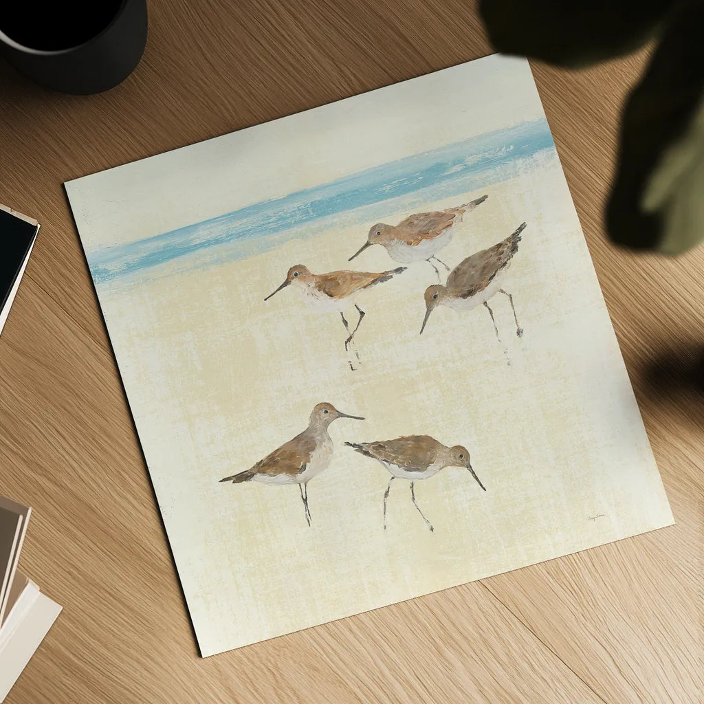 Sandpipers Square II Blue by Avery Tillmon. Shown as a detailed flat fine art print, highlighting archival giclee quality. Available as an archival giclee rolled canvas, fine art paper, or poster print. SKU 34372a.