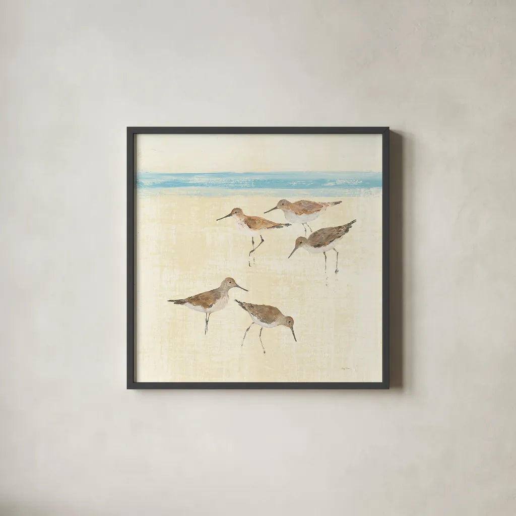 Sandpipers Square II Blue by Avery Tillmon. Shown in a sleek black glass frame for a contemporary gallery look. Available as an archival giclee rolled canvas, fine art paper, or poster print. SKU 34372a.