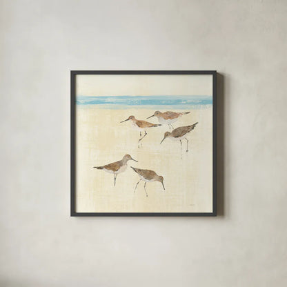 Sandpipers Square II Blue by Avery Tillmon. Shown in a sleek black glass frame for a contemporary gallery look. Available as an archival giclee rolled canvas, fine art paper, or poster print. SKU 34372a.