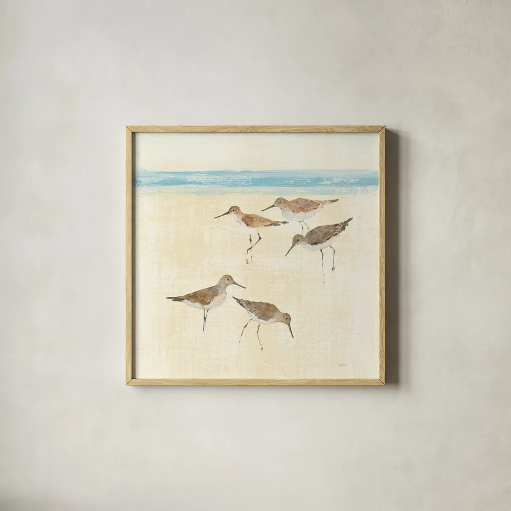 Sandpipers Square II Blue by Avery Tillmon. Shown in a natural wood glass frame for a timeless modern aesthetic. Available as an archival giclee rolled canvas, fine art paper, or poster print. SKU 34372a.