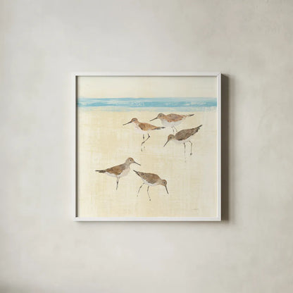 Sandpipers Square II Blue by Avery Tillmon. Shown in a crisp white glass frame for a clean and minimalist style. Available as an archival giclee rolled canvas, fine art paper, or poster print. SKU 34372a.