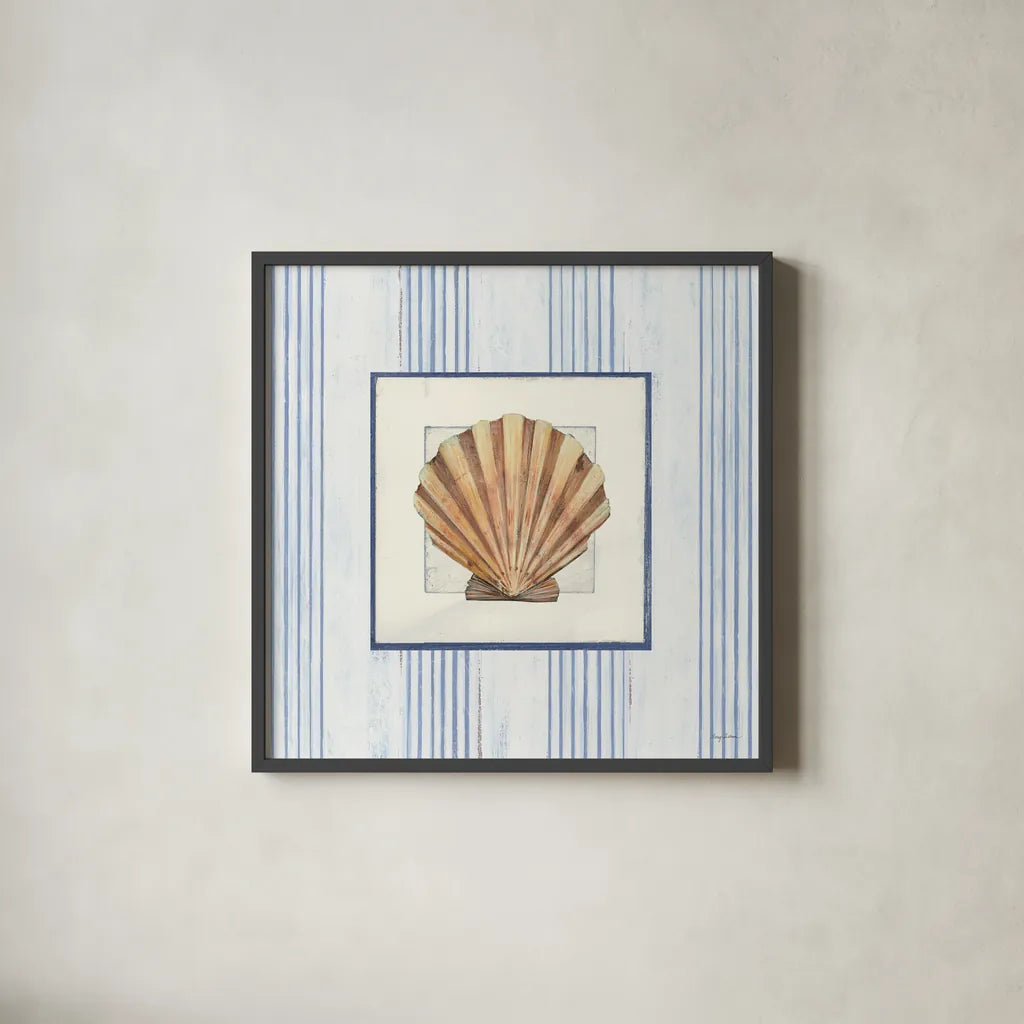 Sanibel Shell I by Avery Tillmon. Shown in a sleek black glass frame for a contemporary gallery look. Available as an archival giclee rolled canvas, fine art paper, or poster print. SKU 8912a.