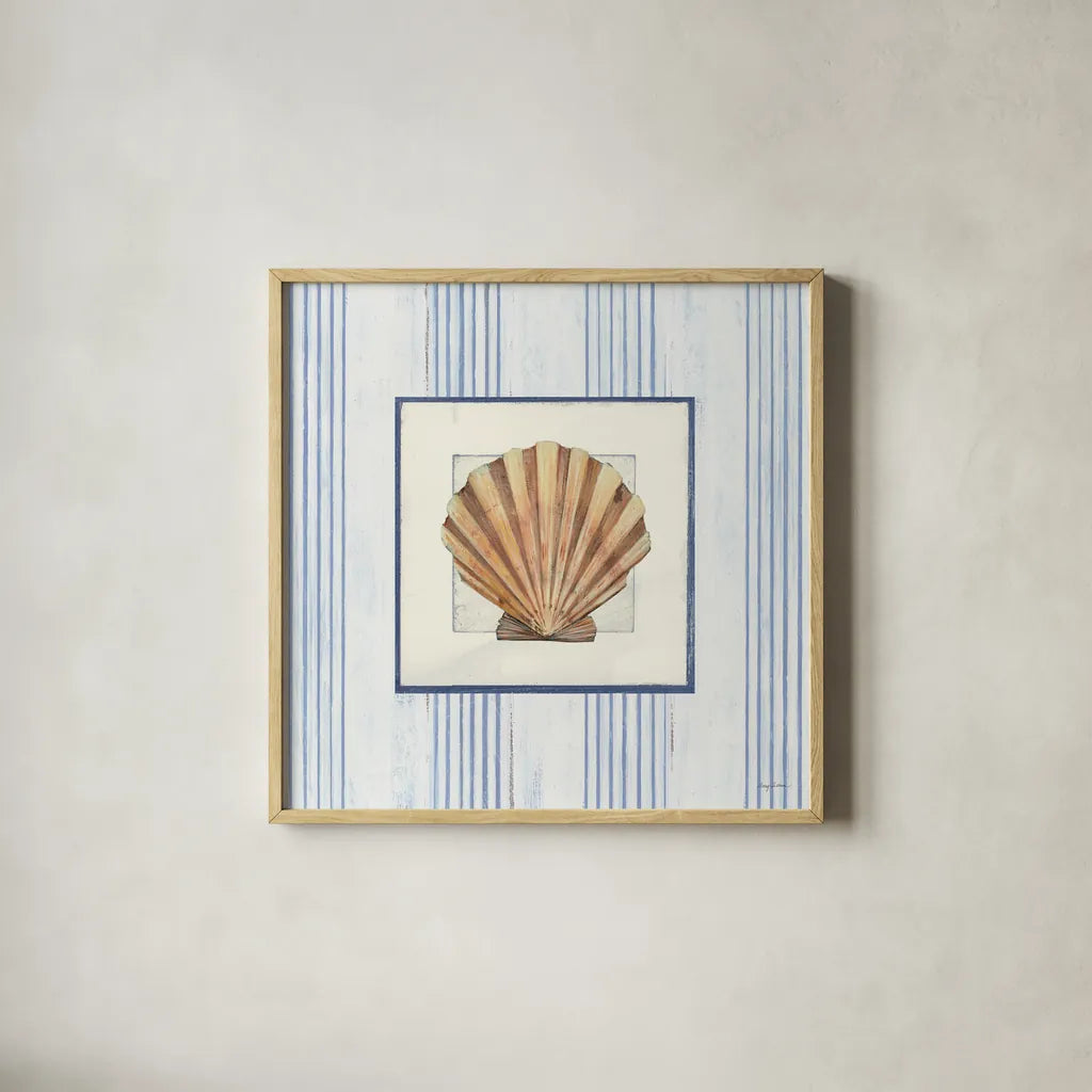 Sanibel Shell I by Avery Tillmon. Shown in a natural wood glass frame for a timeless modern aesthetic. Available as an archival giclee rolled canvas, fine art paper, or poster print. SKU 8912a.