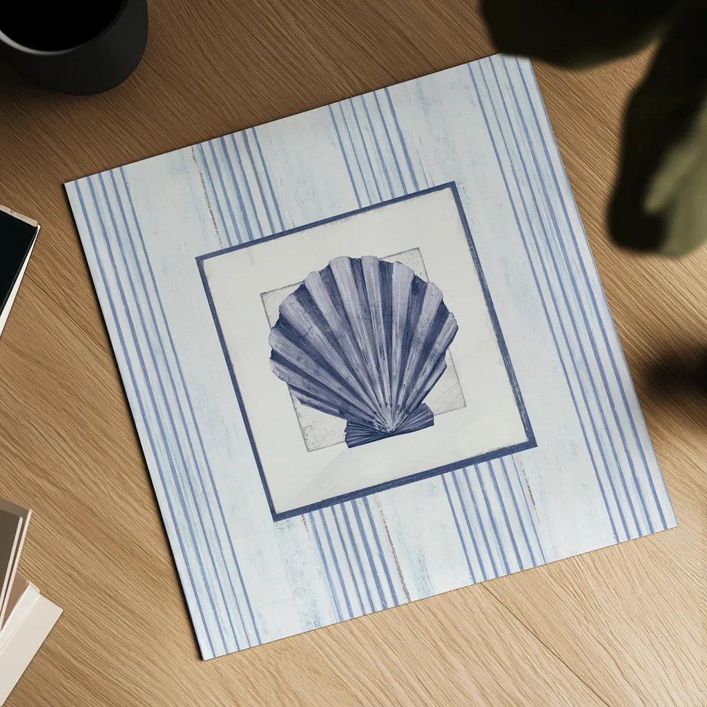 Sanibel Shell I Navy by Avery Tillmon. Shown as a detailed flat fine art print, highlighting archival giclee quality. Available as an archival giclee rolled canvas, fine art paper, or poster print. SKU 65634a.