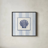 Sanibel Shell I Navy by Avery Tillmon. Shown in a sleek black glass frame for a contemporary gallery look. Available as an archival giclee rolled canvas, fine art paper, or poster print. SKU 65634a.