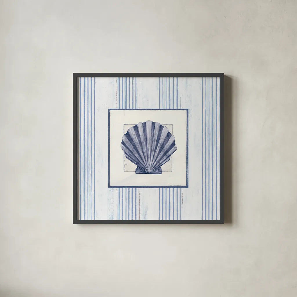 Sanibel Shell I Navy by Avery Tillmon. Shown in a sleek black glass frame for a contemporary gallery look. Available as an archival giclee rolled canvas, fine art paper, or poster print. SKU 65634a.