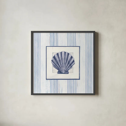 Sanibel Shell I Navy by Avery Tillmon. Shown in a sleek black glass frame for a contemporary gallery look. Available as an archival giclee rolled canvas, fine art paper, or poster print. SKU 65634a.