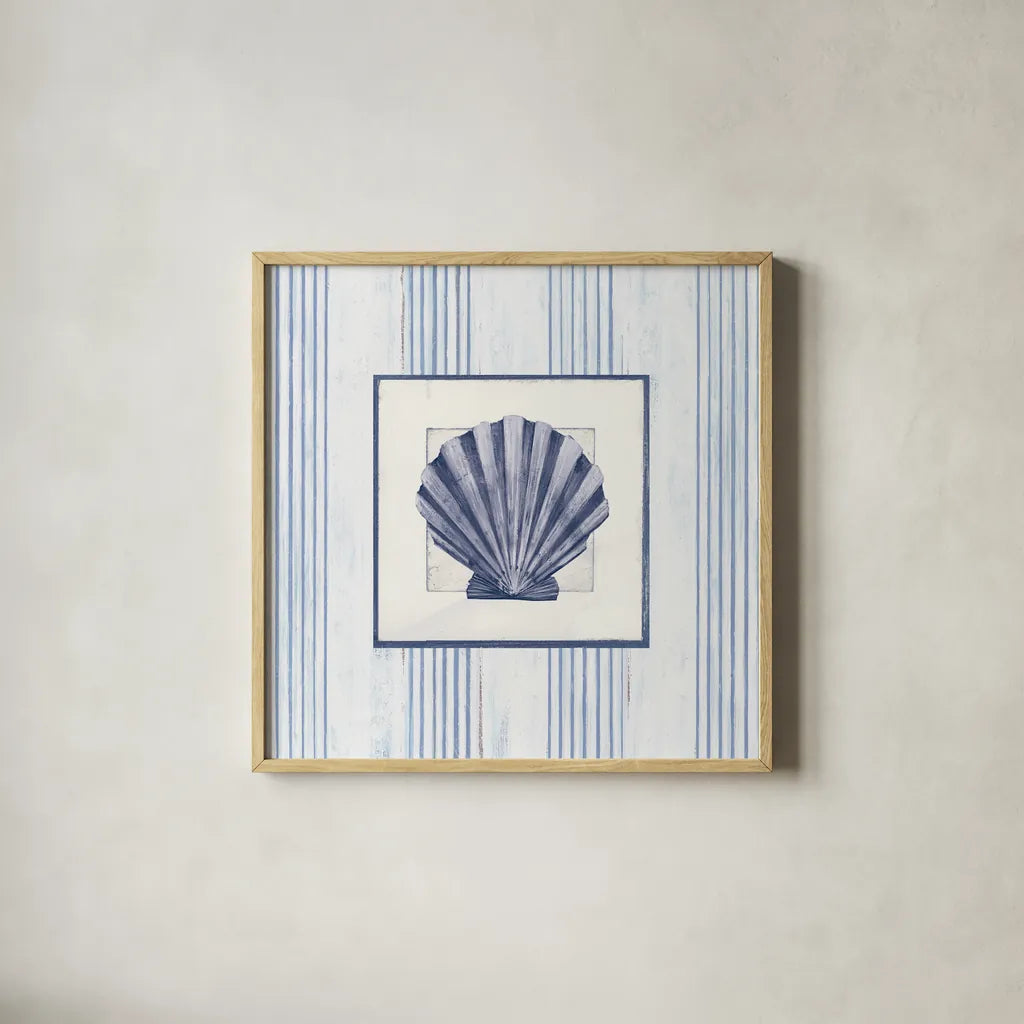 Sanibel Shell I Navy by Avery Tillmon. Shown in a natural wood glass frame for a timeless modern aesthetic. Available as an archival giclee rolled canvas, fine art paper, or poster print. SKU 65634a.