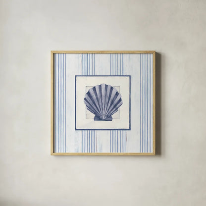 Sanibel Shell I Navy by Avery Tillmon. Shown in a natural wood glass frame for a timeless modern aesthetic. Available as an archival giclee rolled canvas, fine art paper, or poster print. SKU 65634a.