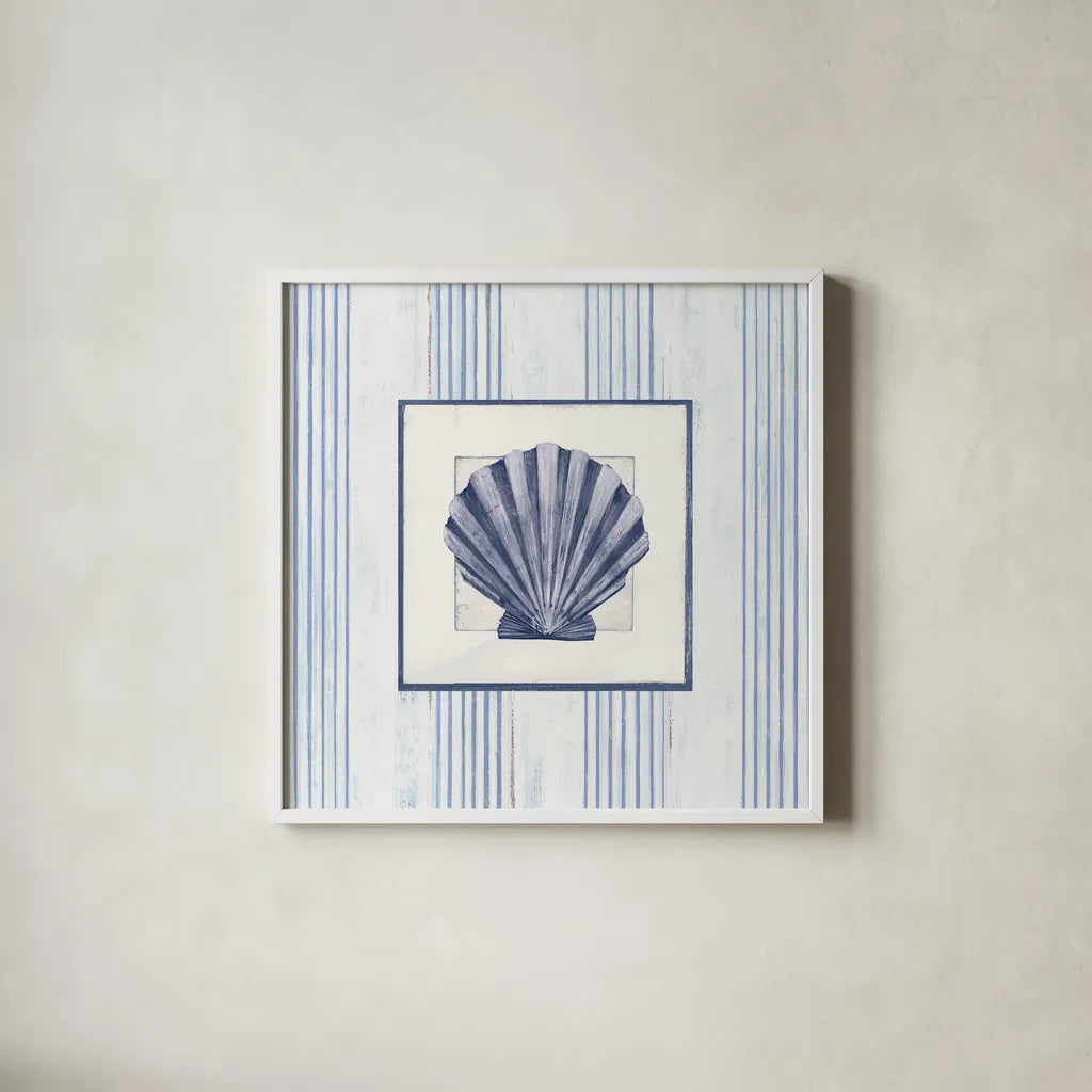 Sanibel Shell I Navy by Avery Tillmon. Shown in a crisp white glass frame for a clean and minimalist style. Available as an archival giclee rolled canvas, fine art paper, or poster print. SKU 65634a.