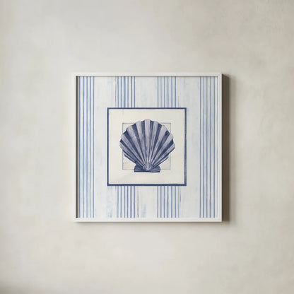 Sanibel Shell I Navy by Avery Tillmon. Shown in a crisp white glass frame for a clean and minimalist style. Available as an archival giclee rolled canvas, fine art paper, or poster print. SKU 65634a.