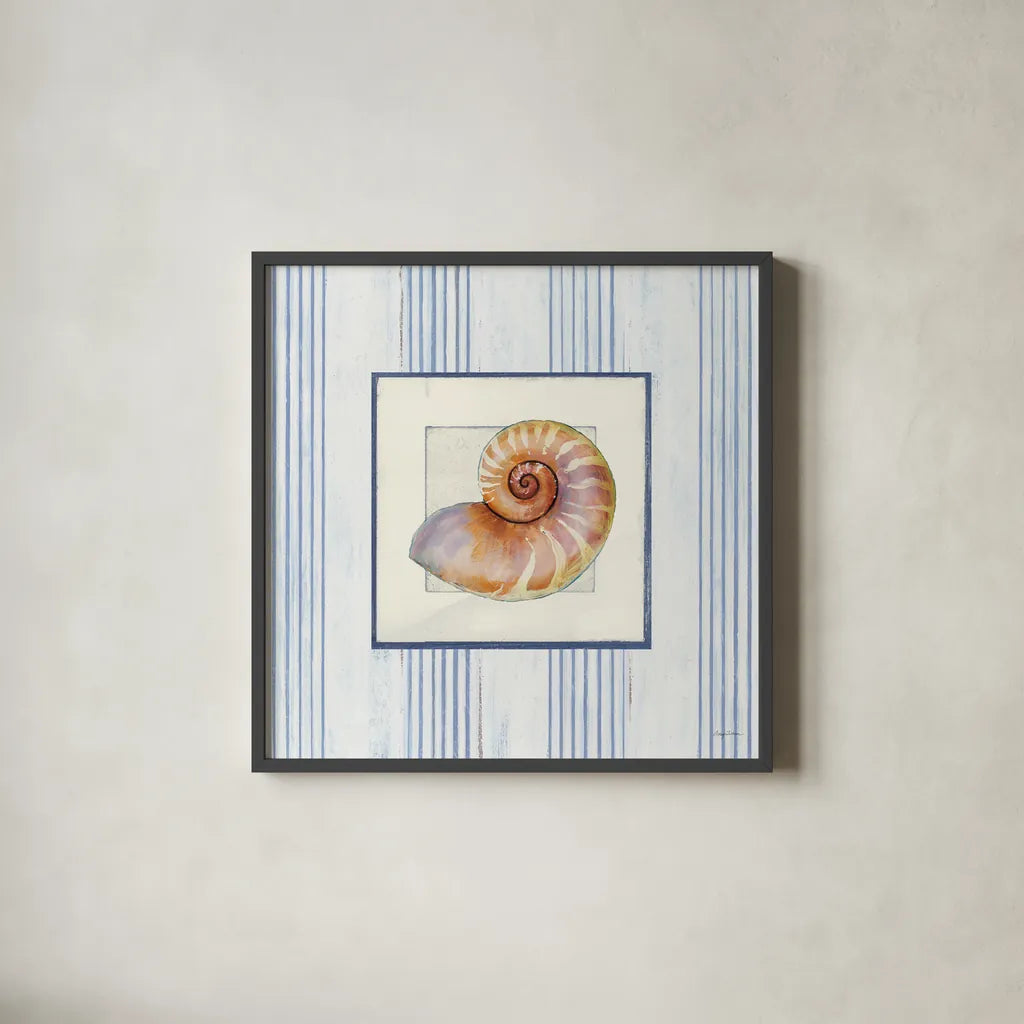 Sanibel Shell III by Avery Tillmon. Shown in a sleek black glass frame for a contemporary gallery look. Available as an archival giclee rolled canvas, fine art paper, or poster print. SKU 8914a.