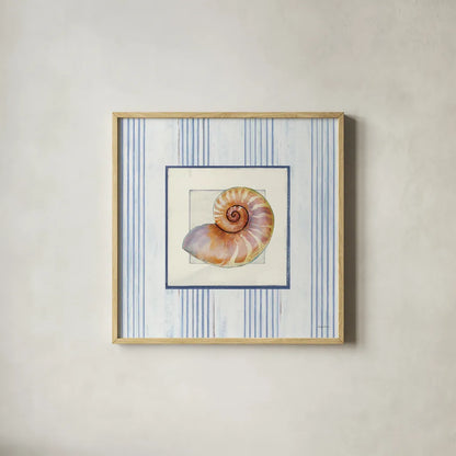 Sanibel Shell III by Avery Tillmon. Shown in a natural wood glass frame for a timeless modern aesthetic. Available as an archival giclee rolled canvas, fine art paper, or poster print. SKU 8914a.