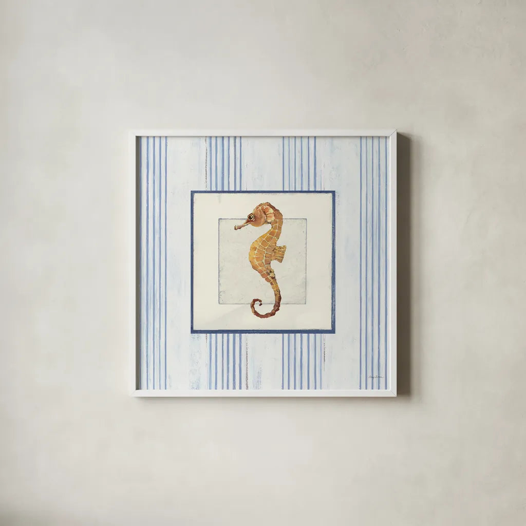 Sanibel Shell IV by Avery Tillmon. Shown in a crisp white glass frame for a clean and minimalist style. Available as an archival giclee rolled canvas, fine art paper, or poster print. SKU 8915a.